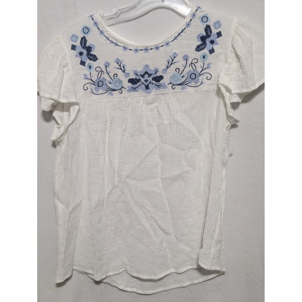 MINE White Gauze Embroidered Floral Blouse Flutter Sleeve Boho Top TB9161 Medium
